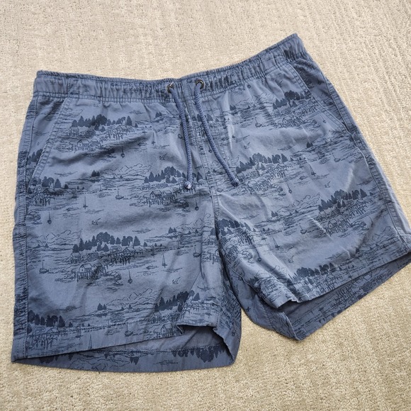 LL Bean Dock Shorts Men Large AOP Printed Cotton Elastic Waist Drawstring Blue - Picture 1 of 8